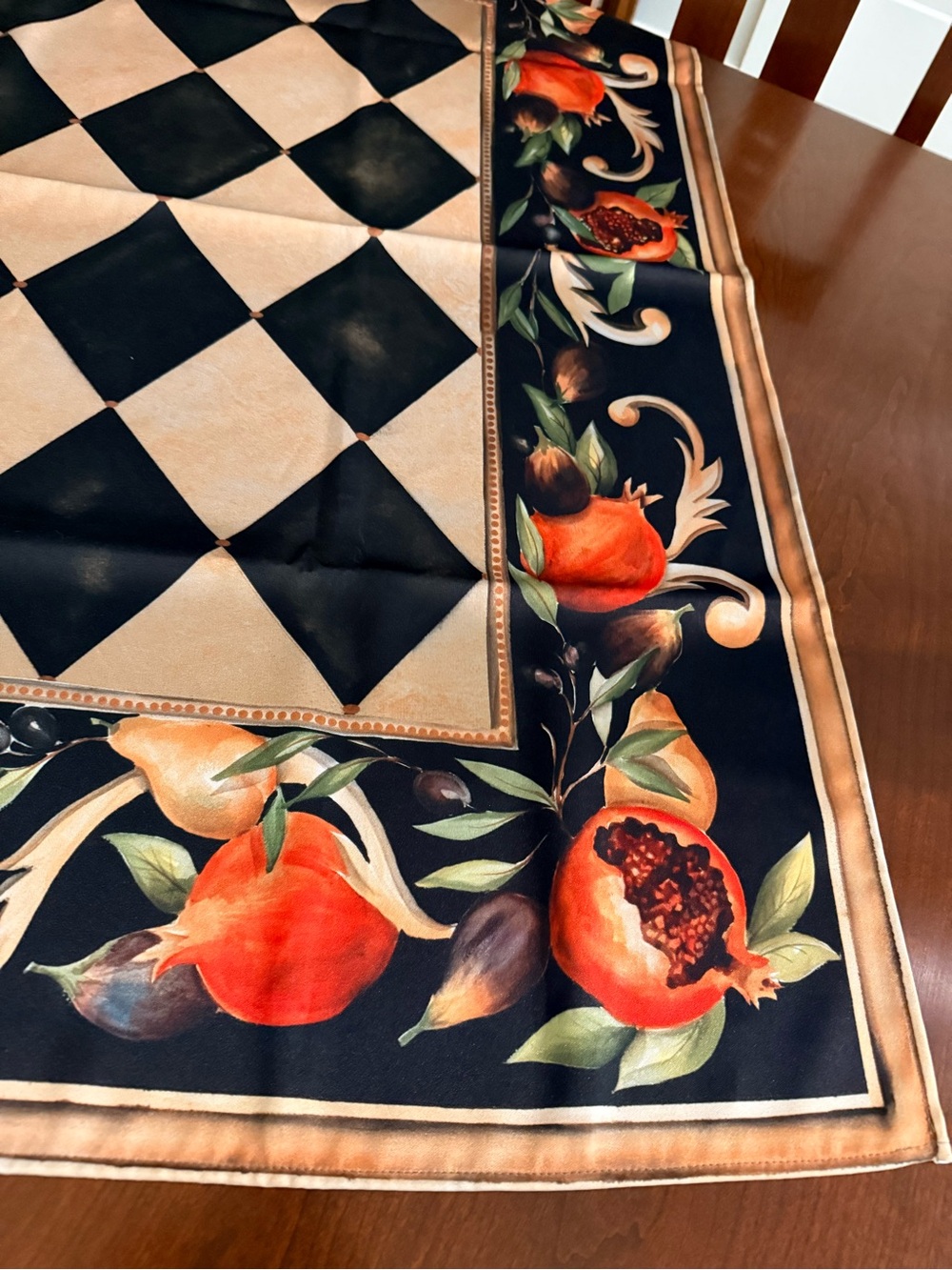 Two Italian Poly/SilkTable Covers with Pomegranate and Daisy Borders. Lined